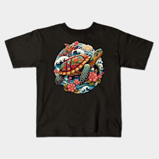 Flower Waves Floral Art Traditional Japanese Turtle Kids T-Shirt